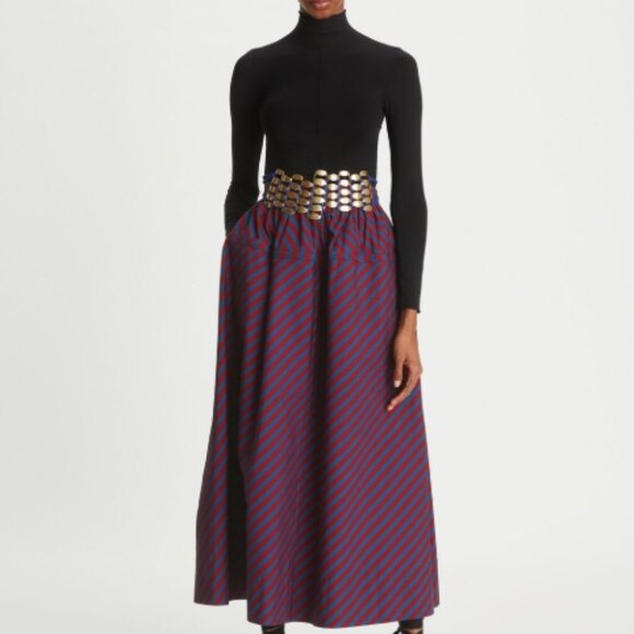 Tory Burch Spring 2022 Burgundy/Blue Striped Poplin Maxi Skirt XS (Orig. $599) - Picture 9 of 10